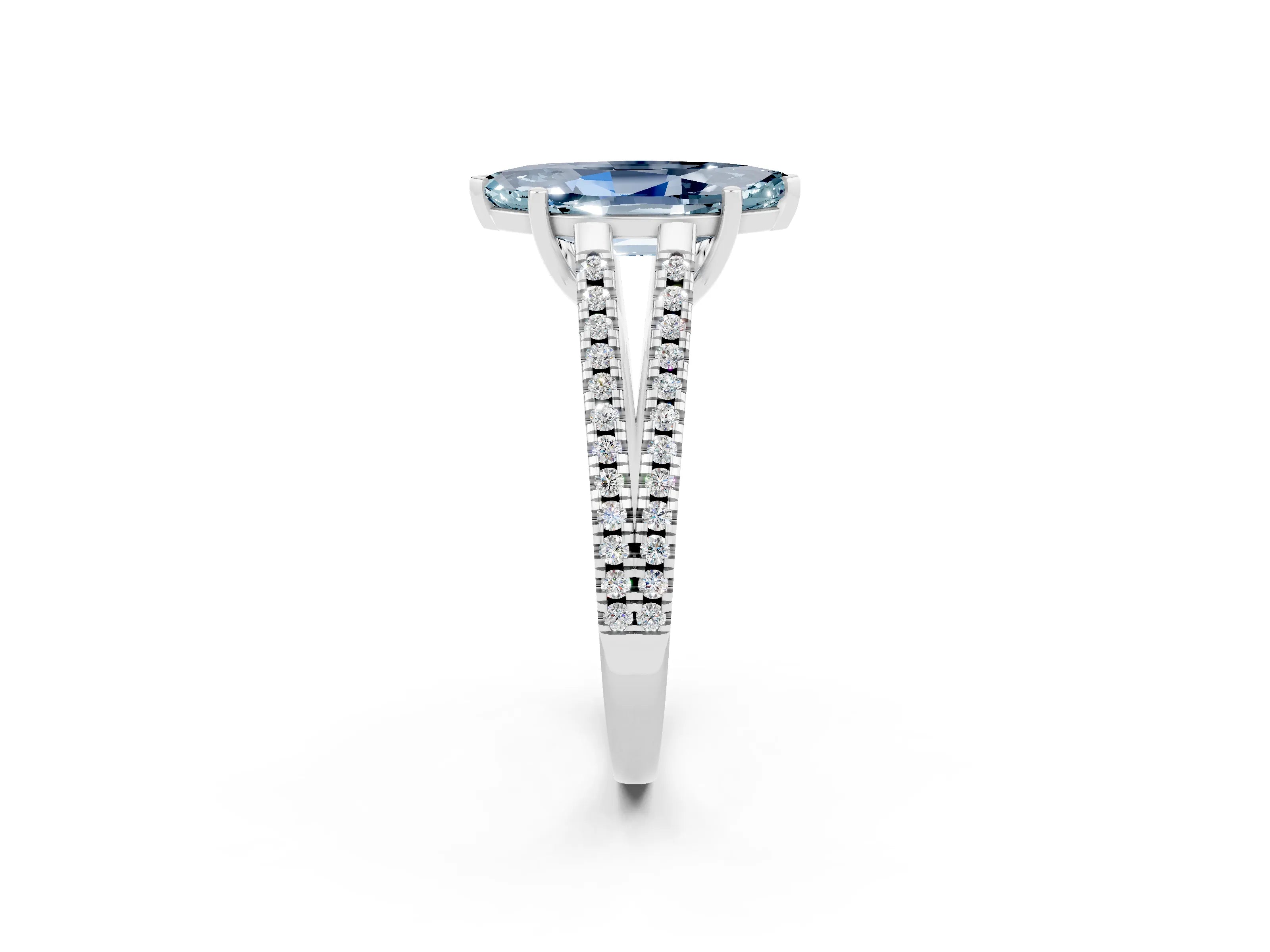 White gold Marquise Cut Aquamarine Solitaire Engagement Ring with Split Shank Pavé Band_2
