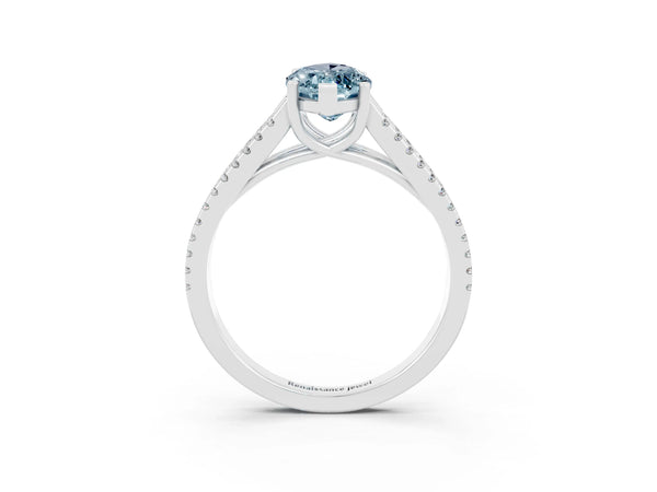 Platinum Marquise Cut Aquamarine Solitaire Engagement Ring with Split Shank Pavé Band