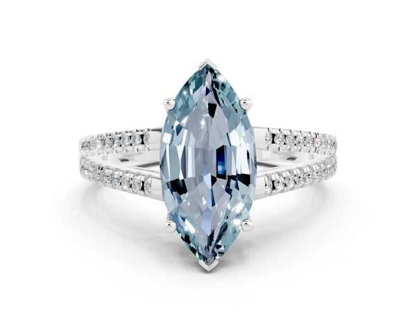 White gold Marquise Cut Aquamarine Solitaire Engagement Ring with Split Shank Pavé Band