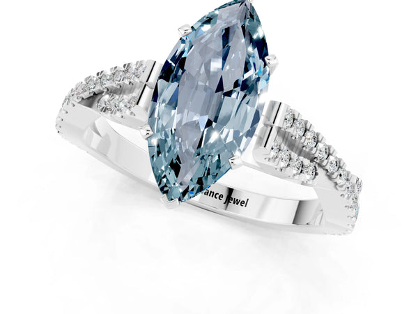 Silver Marquise Cut Aquamarine Solitaire Engagement Ring with Twisted Pavé Band and Four-Prong Setting