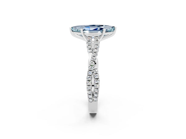 Silver Marquise Cut Aquamarine Solitaire Engagement Ring with Twisted Pavé Band and Four-Prong Setting