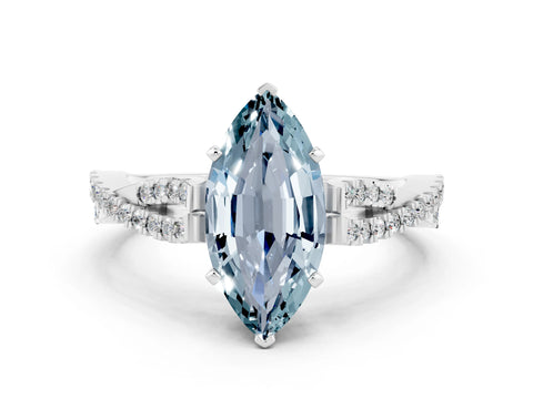 White gold Marquise Cut Aquamarine Solitaire Engagement Ring with Twisted Pavé Band and Four-Prong Setting