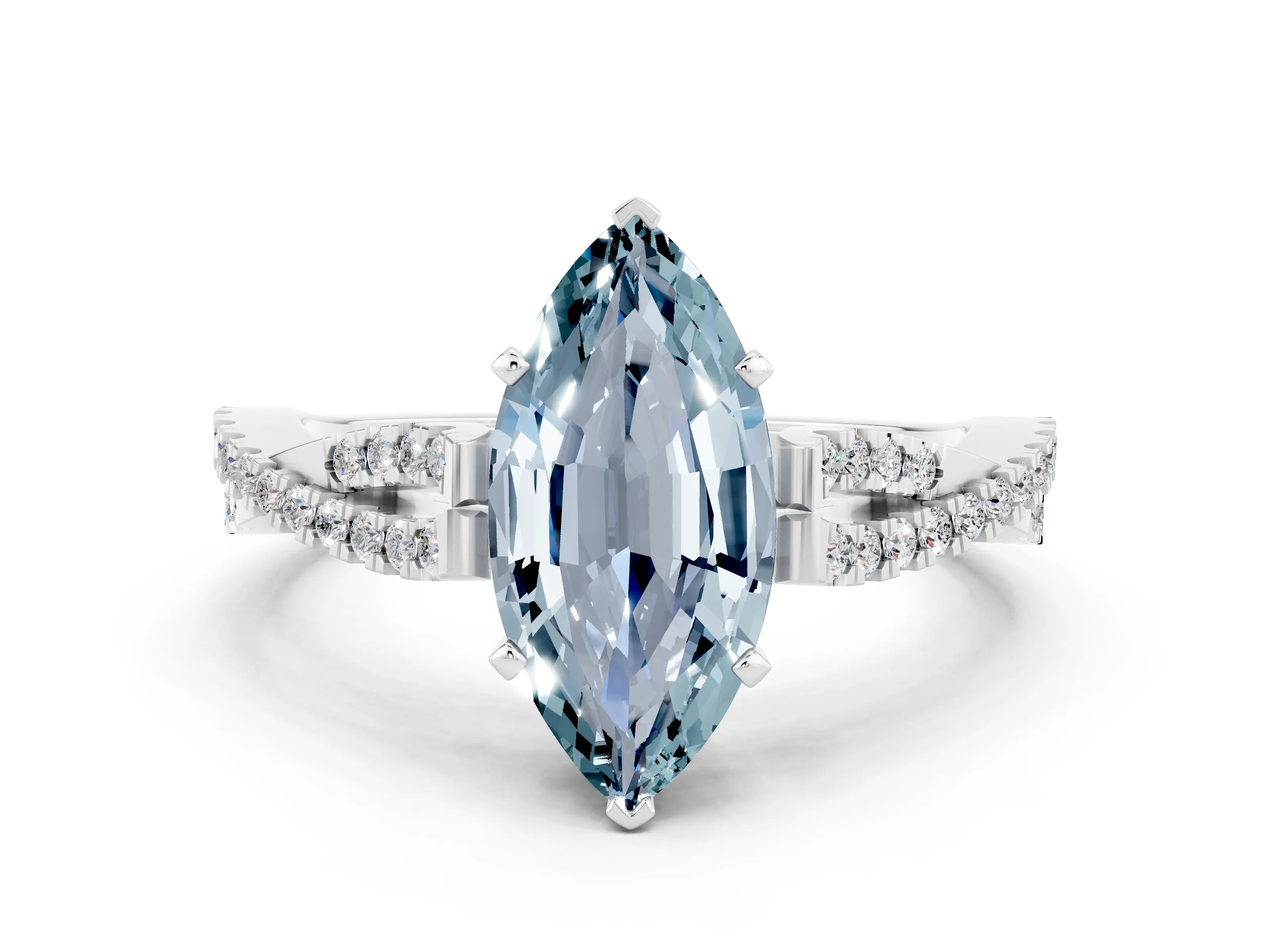 White gold Marquise Cut Aquamarine Solitaire Engagement Ring with Twisted Pavé Band and Four-Prong Setting