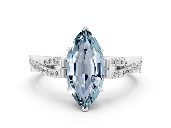 Silver Marquise Cut Aquamarine Solitaire Engagement Ring with Twisted Pavé Band and Four-Prong Setting