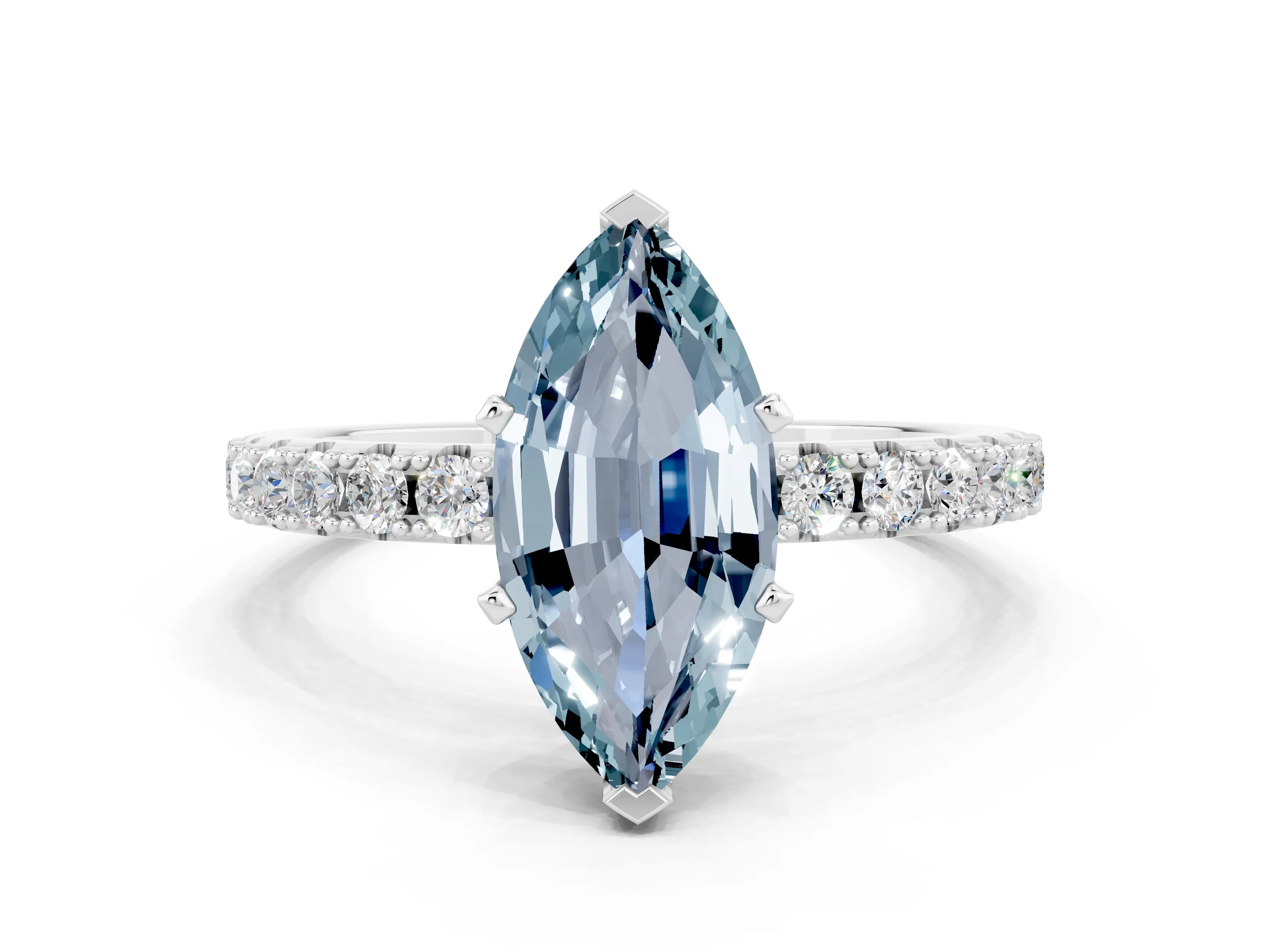 White gold Marquise Cut Aquamarine Solitaire Pavé Band with Four-Prong Setting