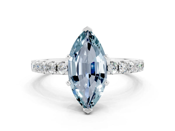Silver Marquise Cut Aquamarine Solitaire Pavé Band with Four-Prong Setting