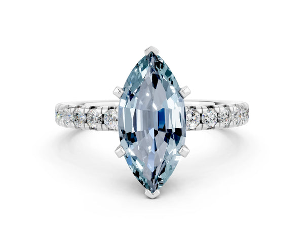White gold Marquise Cut Aquamarine Solitaire Pavé Engagement Ring with Round Band and Prong Setting