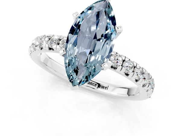 White gold Marquise Cut Aquamarine Solitaire Pavé Engagement Ring with Round Band and Prong Setting