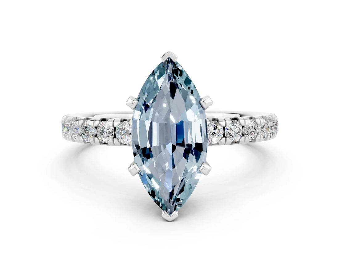 White gold Marquise Cut Aquamarine Solitaire Pavé Engagement Ring with Round Band and Prong Setting_78