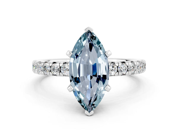 White gold Marquise Cut Aquamarine Solitaire Pavé Engagement Ring with Round Band and Prong Setting