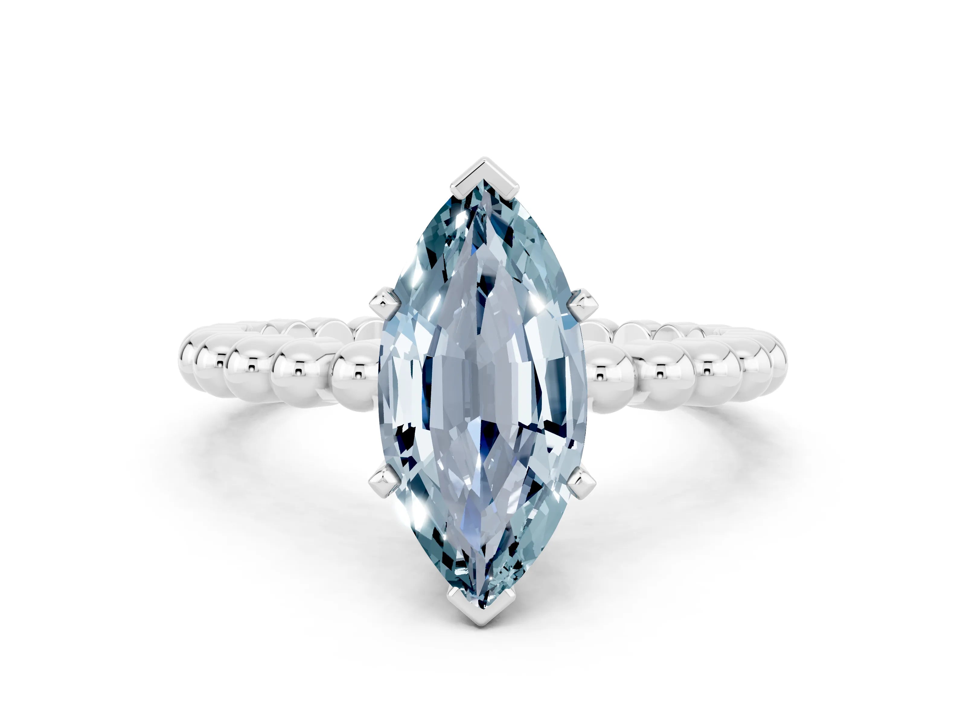 White gold Marquise Cut Aquamarine Solitaire Ring with Beaded Band and Prong Setting_12