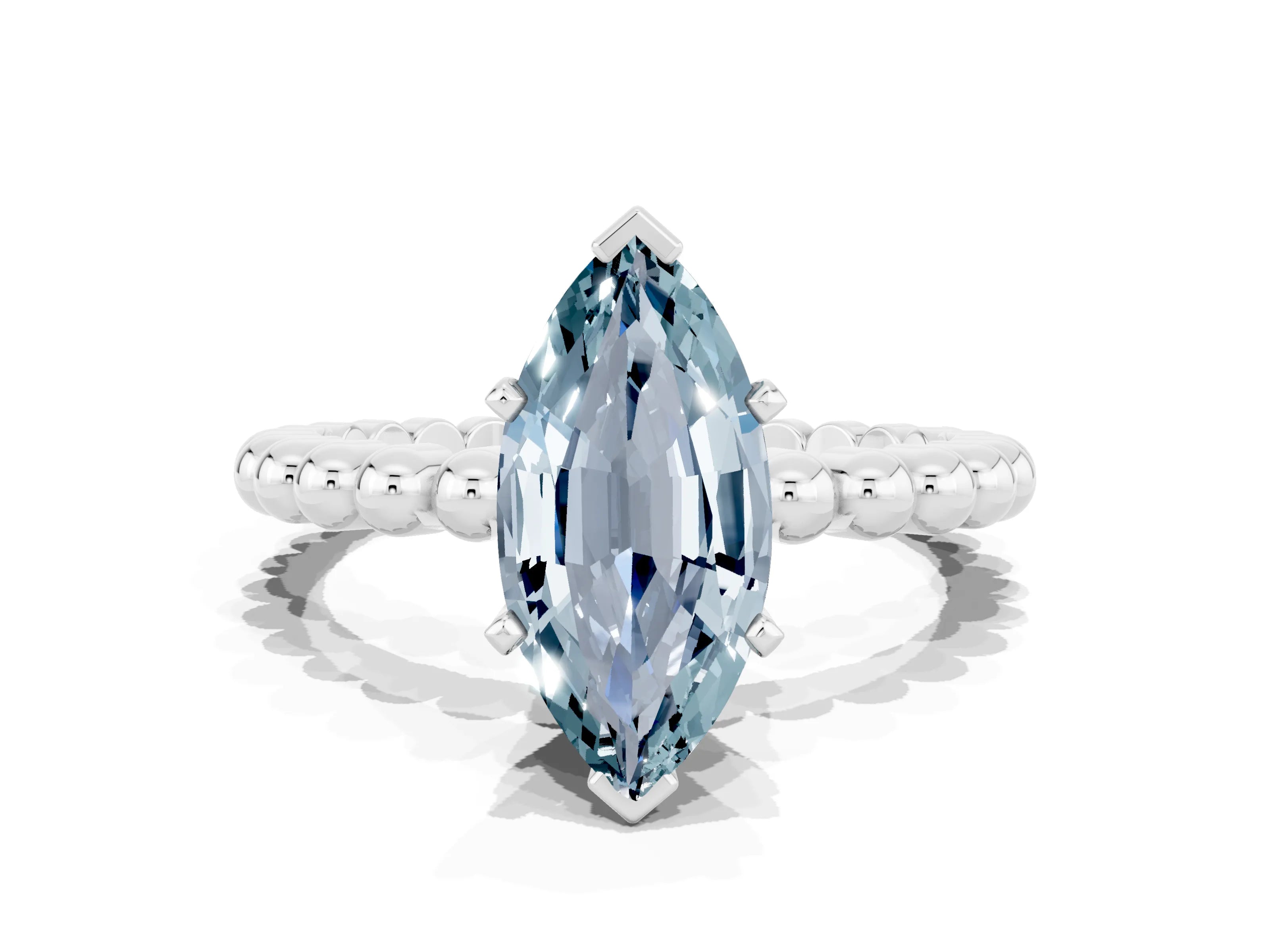 White gold Marquise Cut Aquamarine Solitaire Ring with Beaded Band and Prong Setting_12
