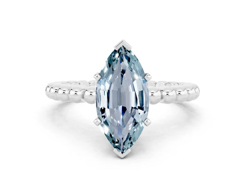 White gold Marquise Cut Aquamarine Solitaire Ring with Beaded Band and Prong Setting_12