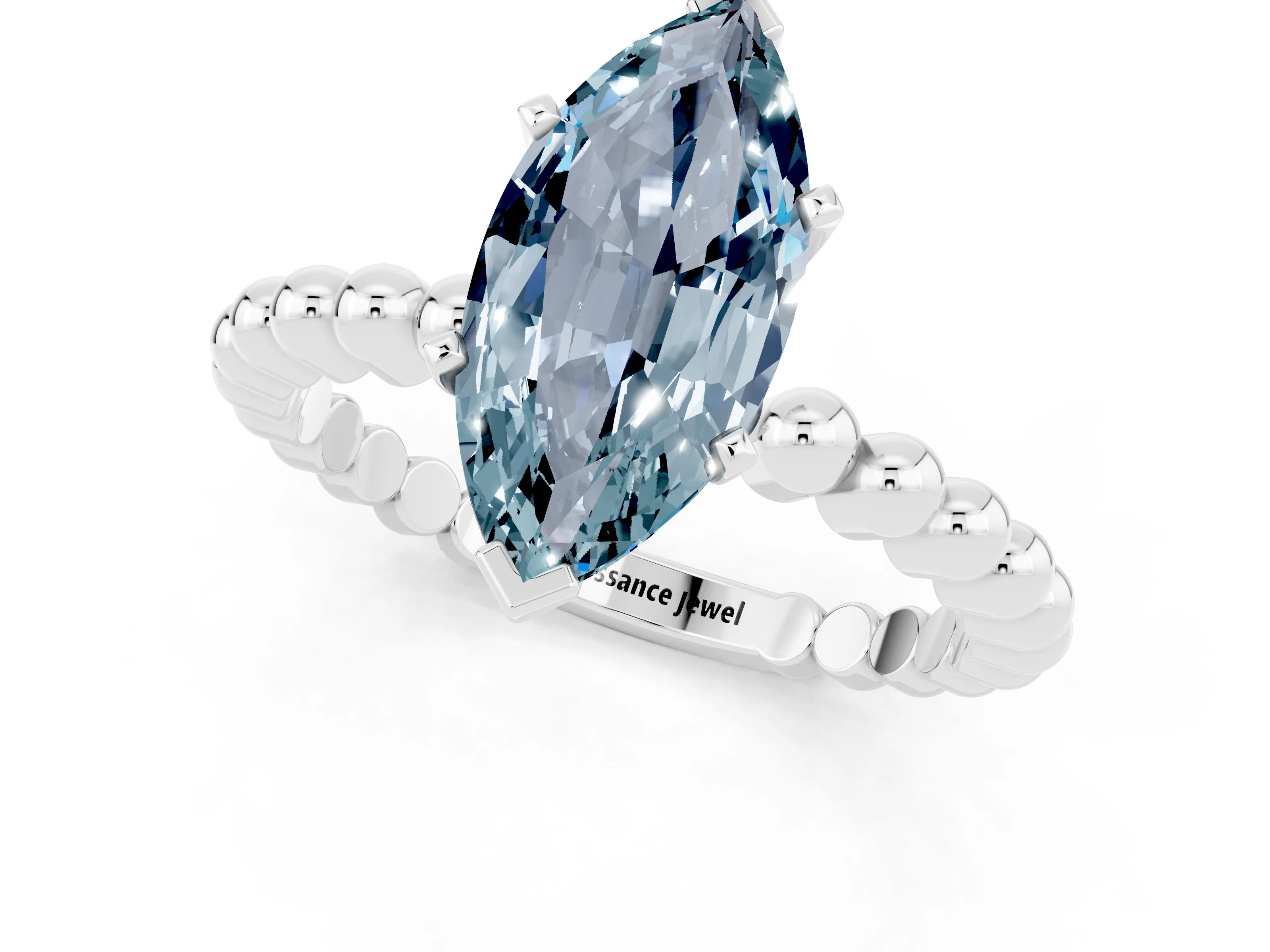 White gold Marquise Cut Aquamarine Solitaire Ring with Beaded Band and Prong Setting_13