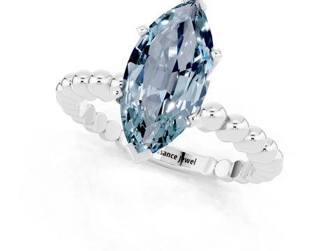 White gold Marquise Cut Aquamarine Solitaire Ring with Beaded Band and Prong Setting_13