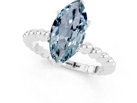 White gold Marquise Cut Aquamarine Solitaire Ring with Beaded Band and Prong Setting_13