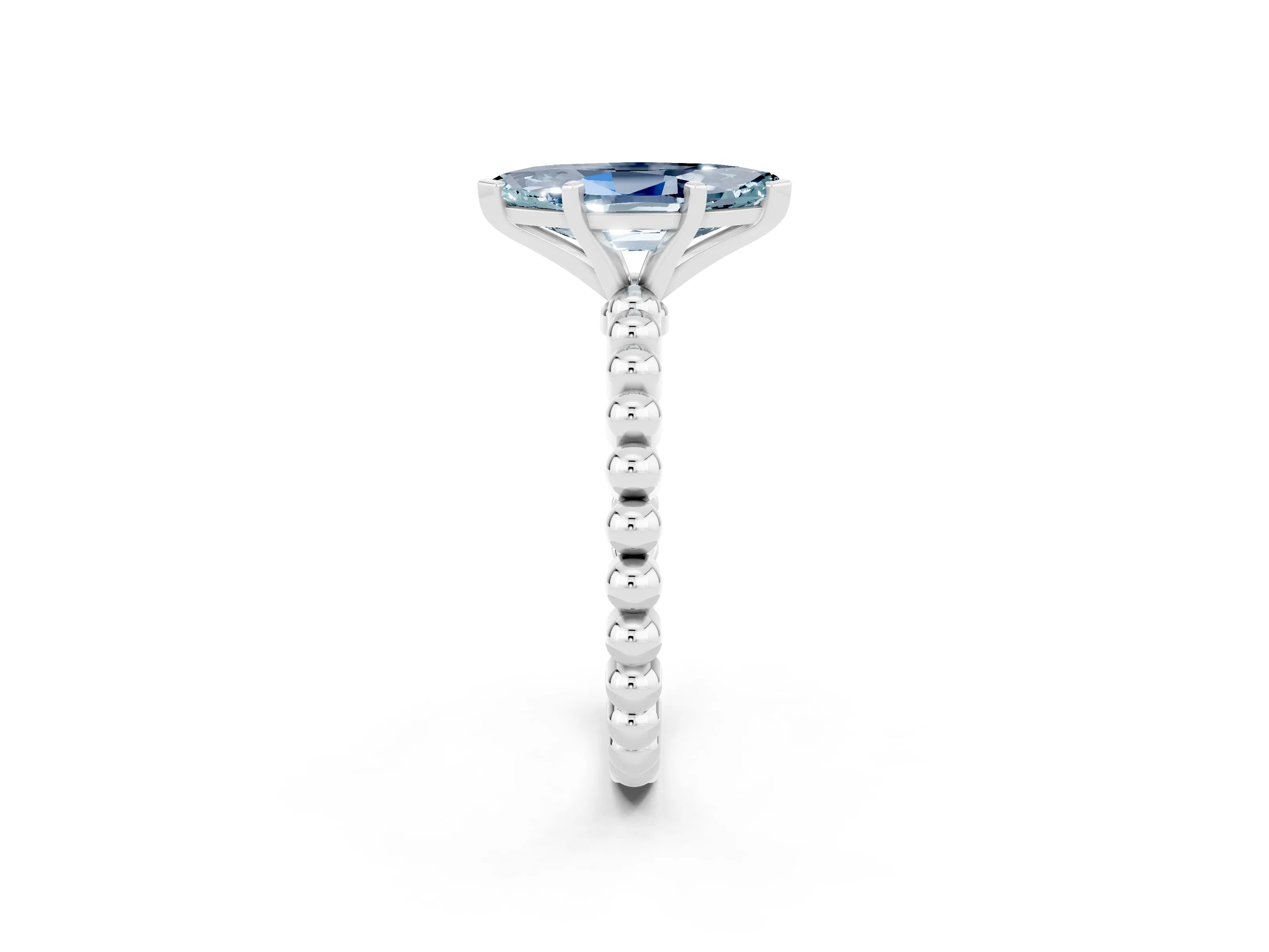 White gold Marquise Cut Aquamarine Solitaire Ring with Beaded Band and Prong Setting_14