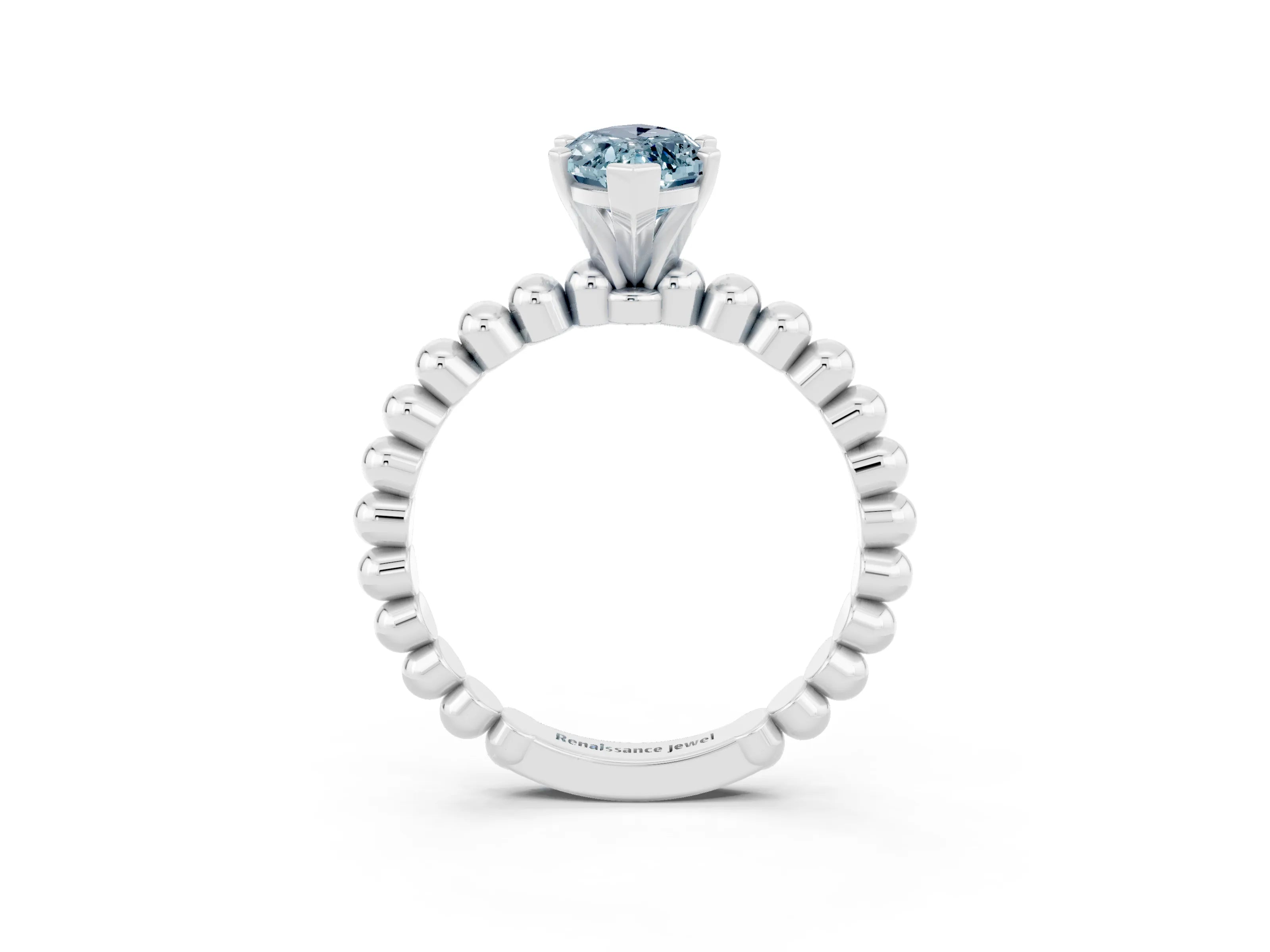 White gold Marquise Cut Aquamarine Solitaire Ring with Beaded Band and Prong Setting_15
