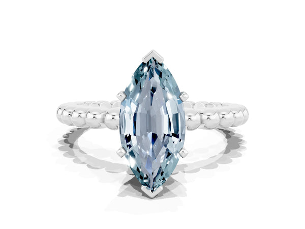 White gold Marquise Cut Aquamarine Solitaire Ring with Beaded Band and Prong Setting