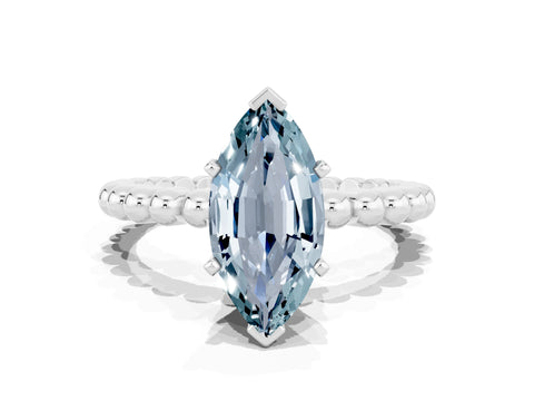 White gold Marquise Cut Aquamarine Solitaire Ring with Beaded Band and Prong Setting_20