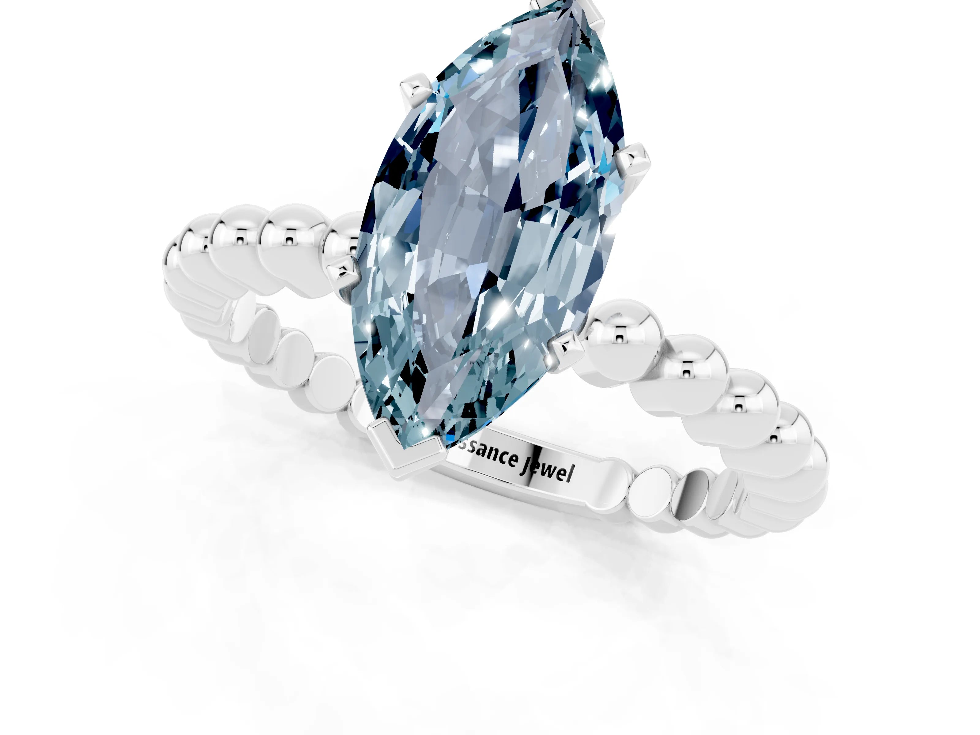 White gold Marquise Cut Aquamarine Solitaire Ring with Beaded Band and Prong Setting_21