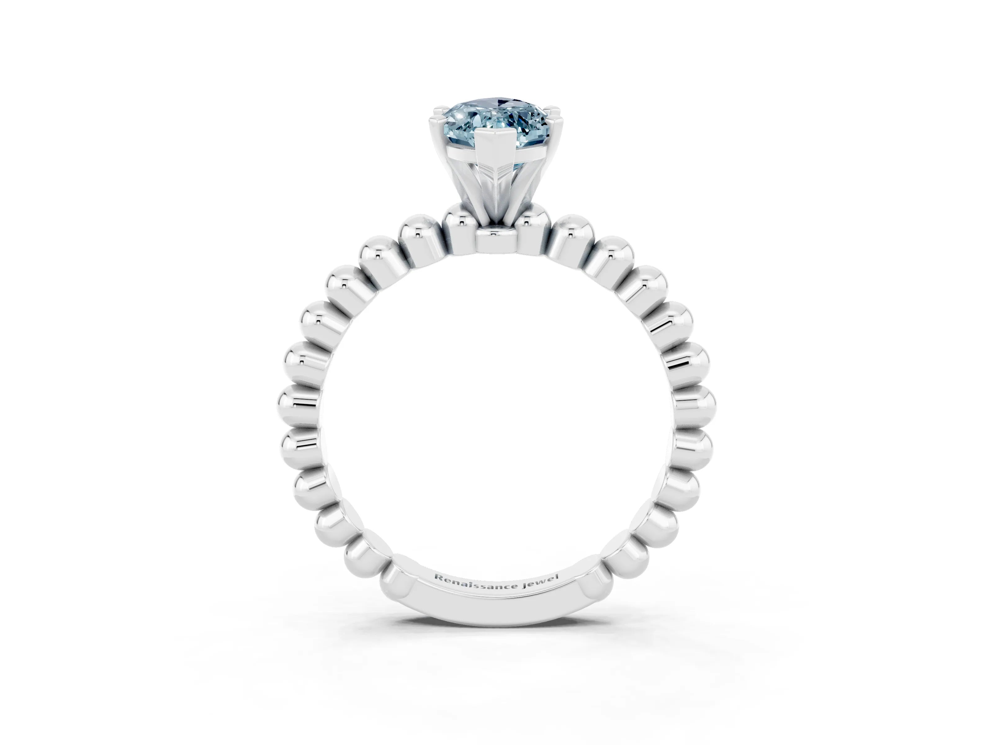 White gold Marquise Cut Aquamarine Solitaire Ring with Beaded Band and Prong Setting_23
