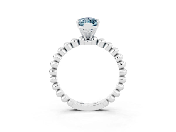 White gold Marquise Cut Aquamarine Solitaire Ring with Beaded Band and Prong Setting