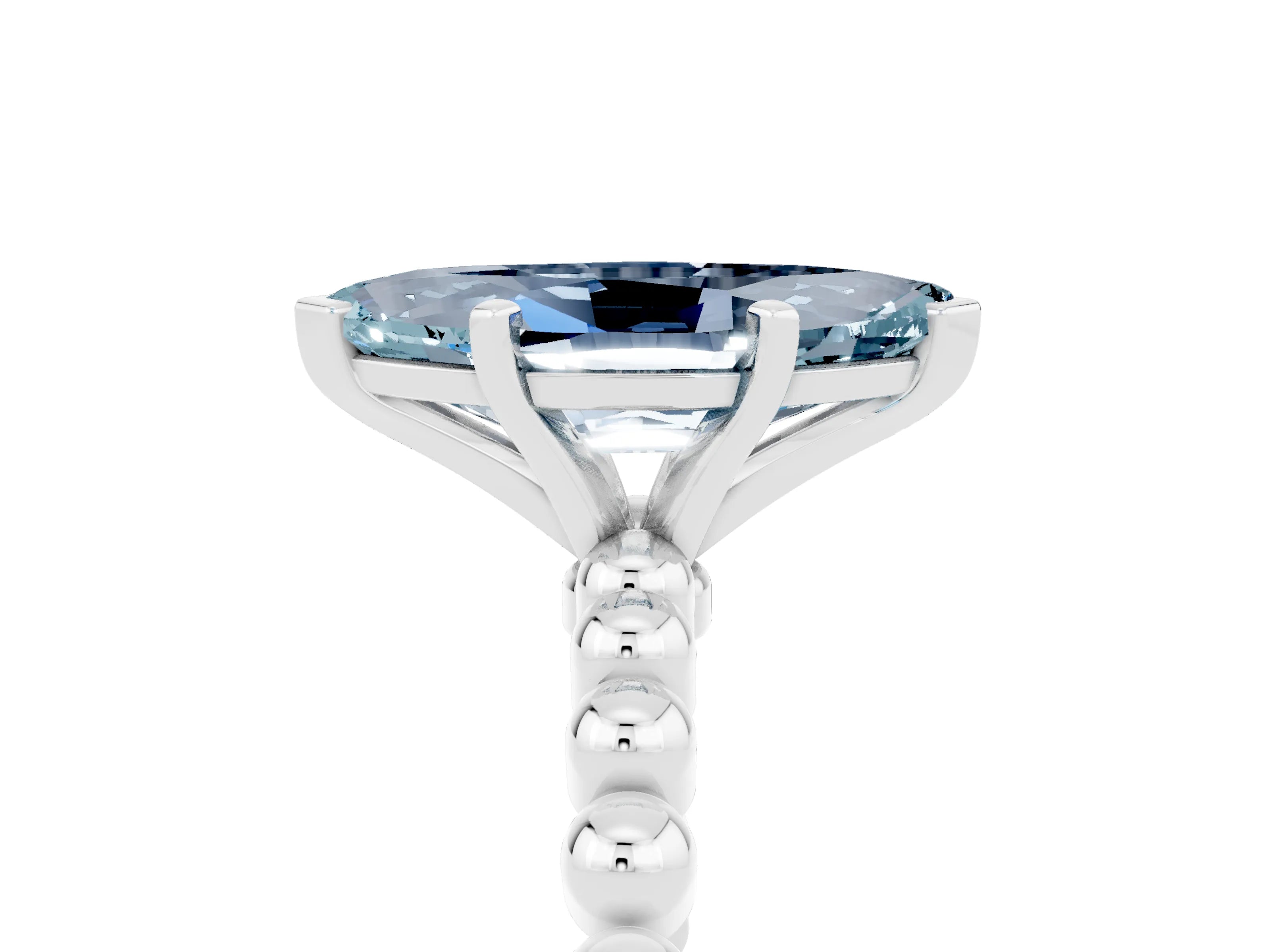White gold Marquise Cut Aquamarine Solitaire Ring with Beaded Band and Prong Setting_25