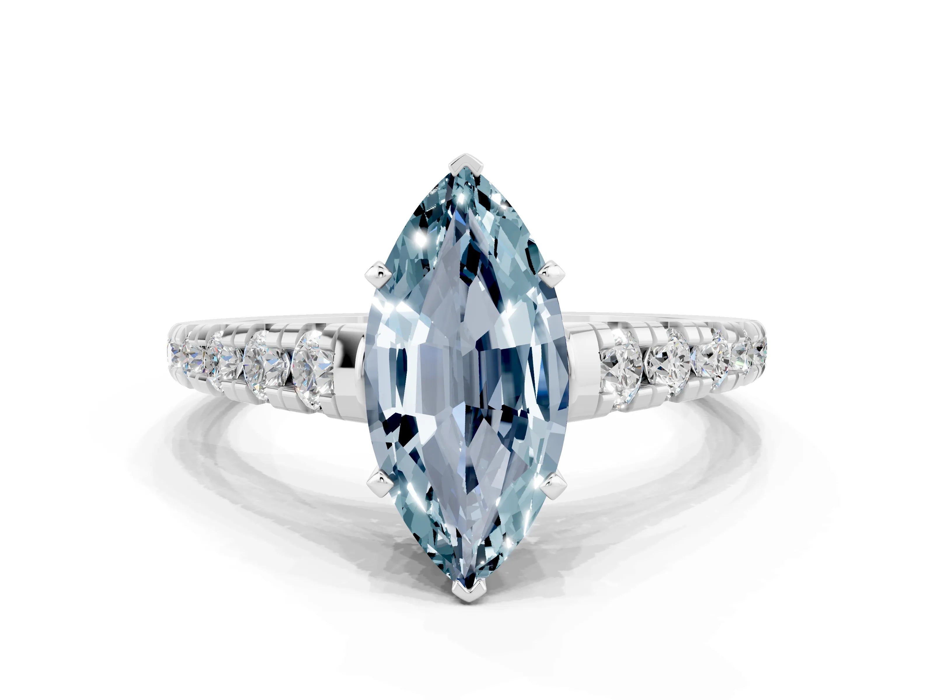 White gold Marquise Cut Aquamarine Solitaire Ring with Cathedral Setting and Pavé Band