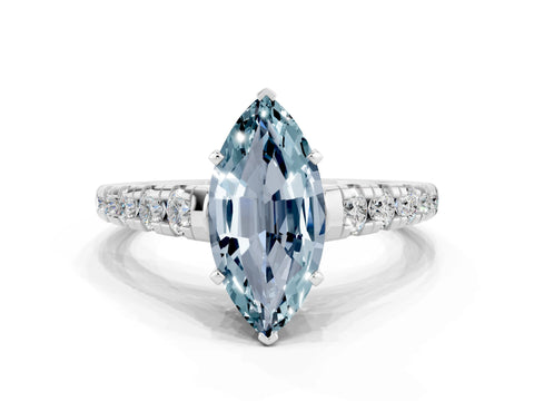 White gold Marquise Cut Aquamarine Solitaire Ring with Cathedral Setting and Pavé Band