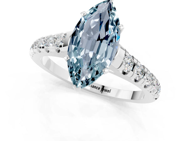 Platinum Marquise Cut Aquamarine Cathedral Solitaire Ring with Round  Pavé Band