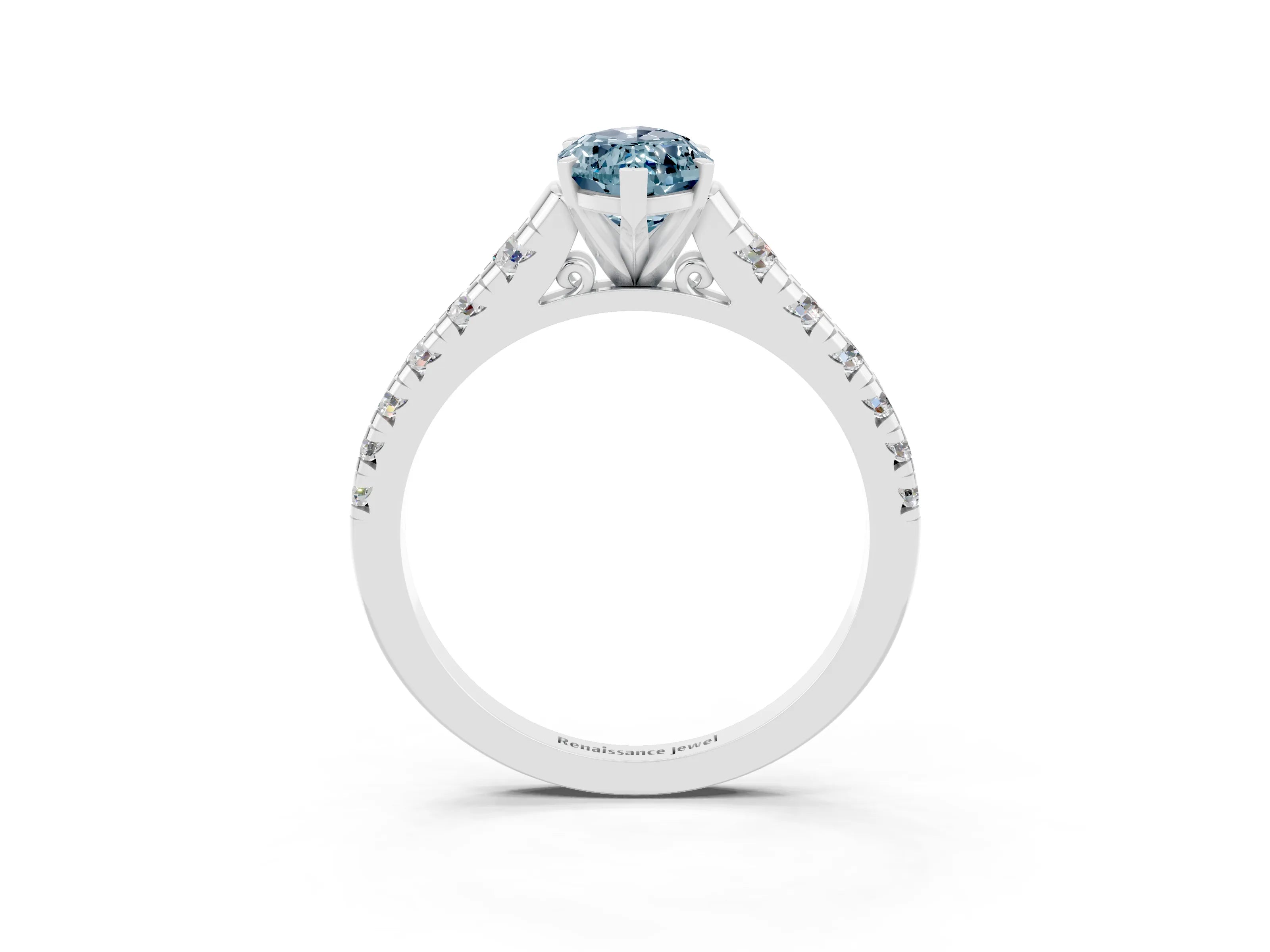 White gold Marquise Cut Aquamarine Solitaire Ring with Cathedral Setting and Pavé Band_3