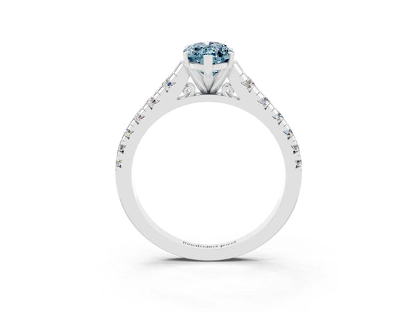 Silver Marquise Cut Aquamarine Cathedral Solitaire Ring with Round  Pavé Band