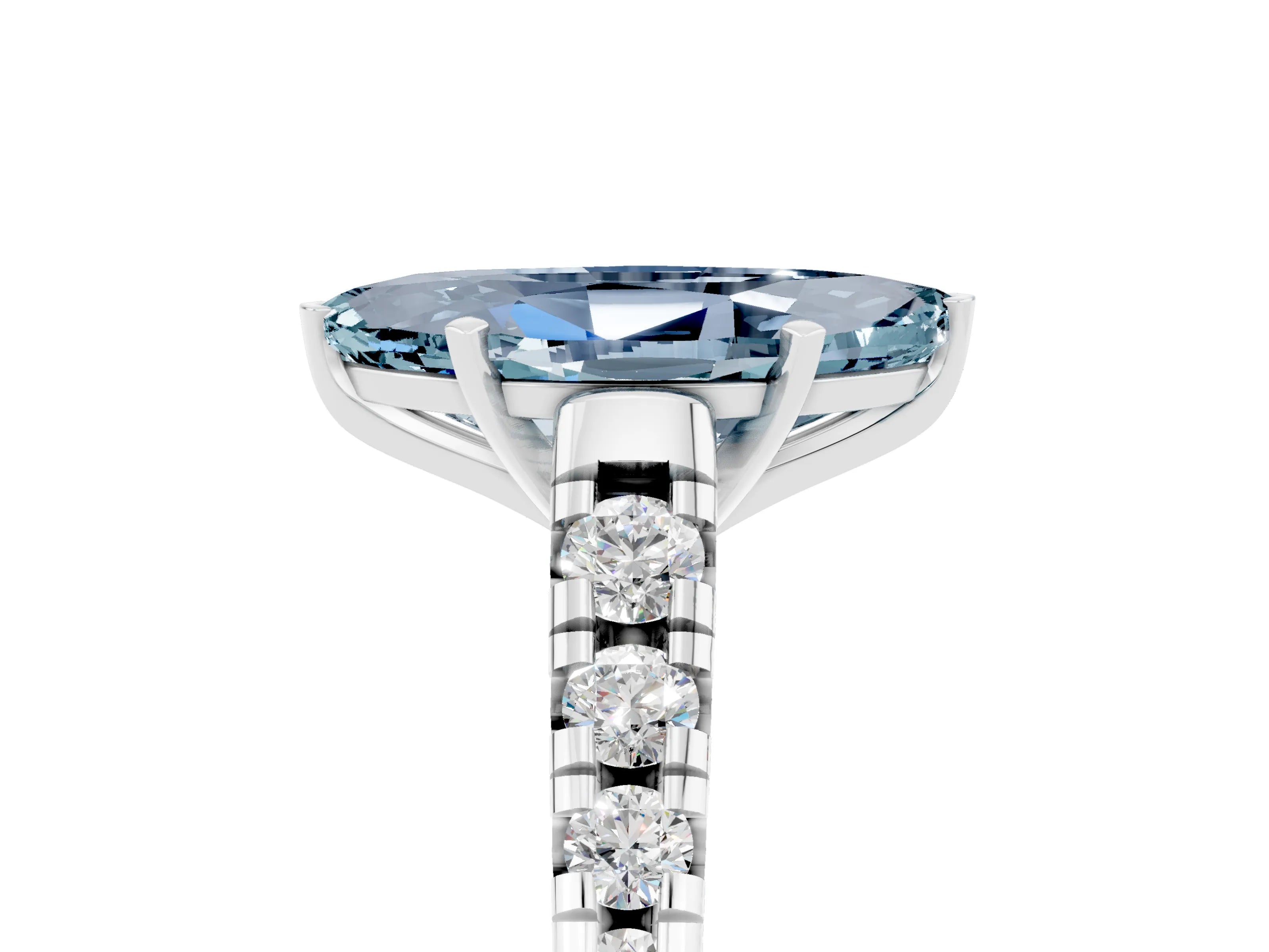 White gold Marquise Cut Aquamarine Solitaire Ring with Cathedral Setting and Pavé Band_5