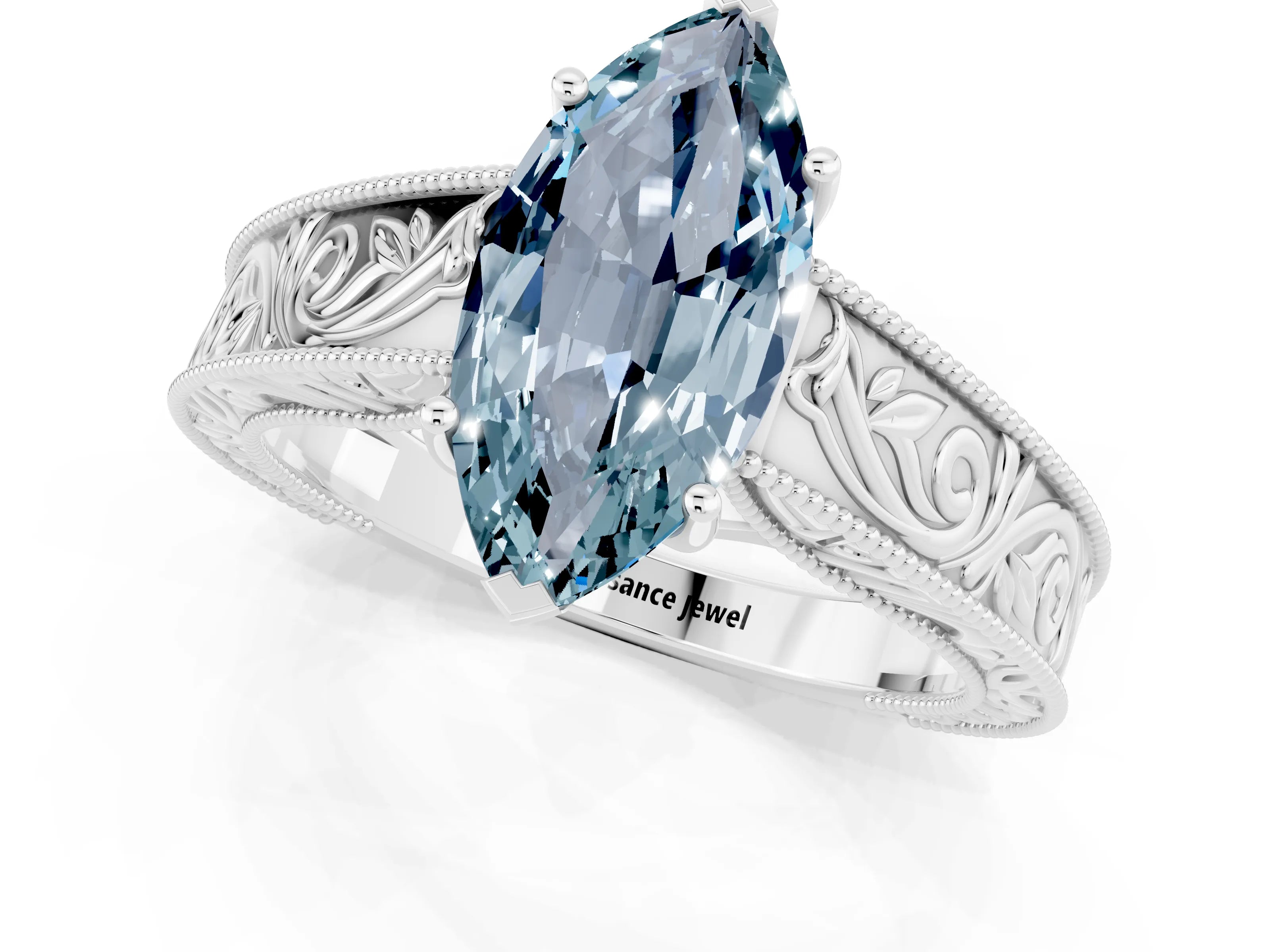 White gold Marquise Cut Aquamarine Solitaire Ring with Engraved Band and Four-Prong Setting_1