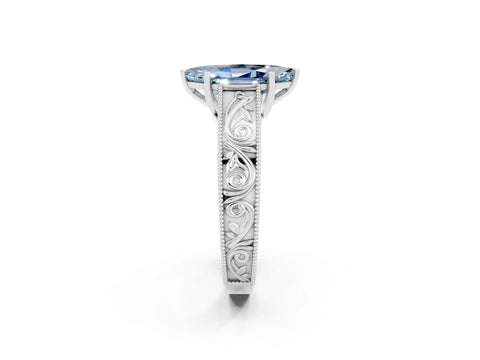 White gold Marquise Cut Aquamarine Solitaire Ring with Engraved Band and Four-Prong Setting_2