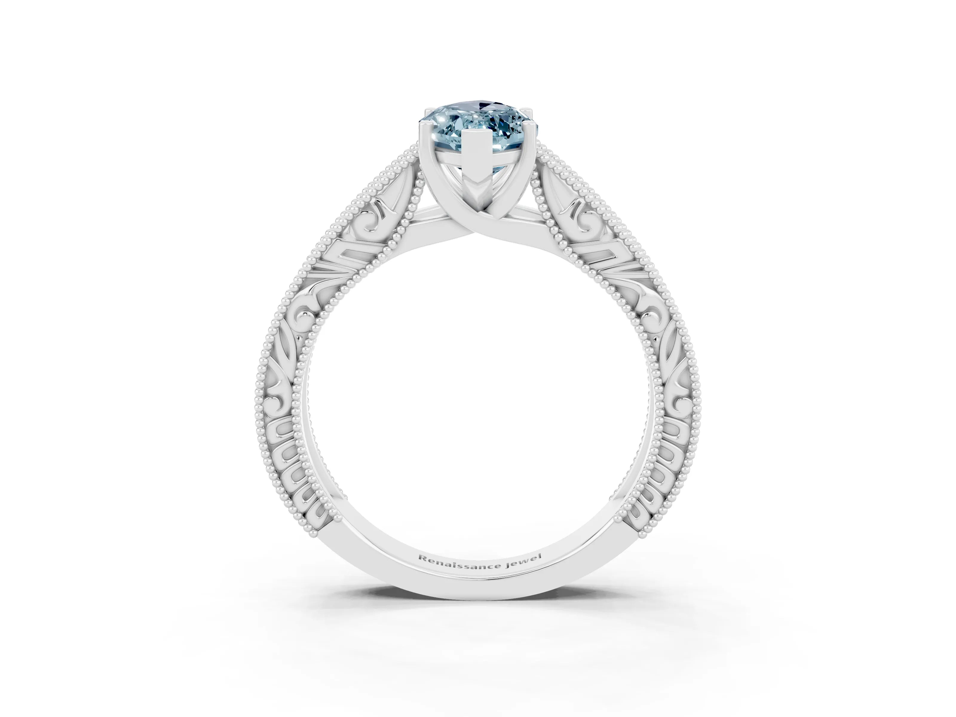 White gold Marquise Cut Aquamarine Solitaire Ring with Engraved Band and Four-Prong Setting_3