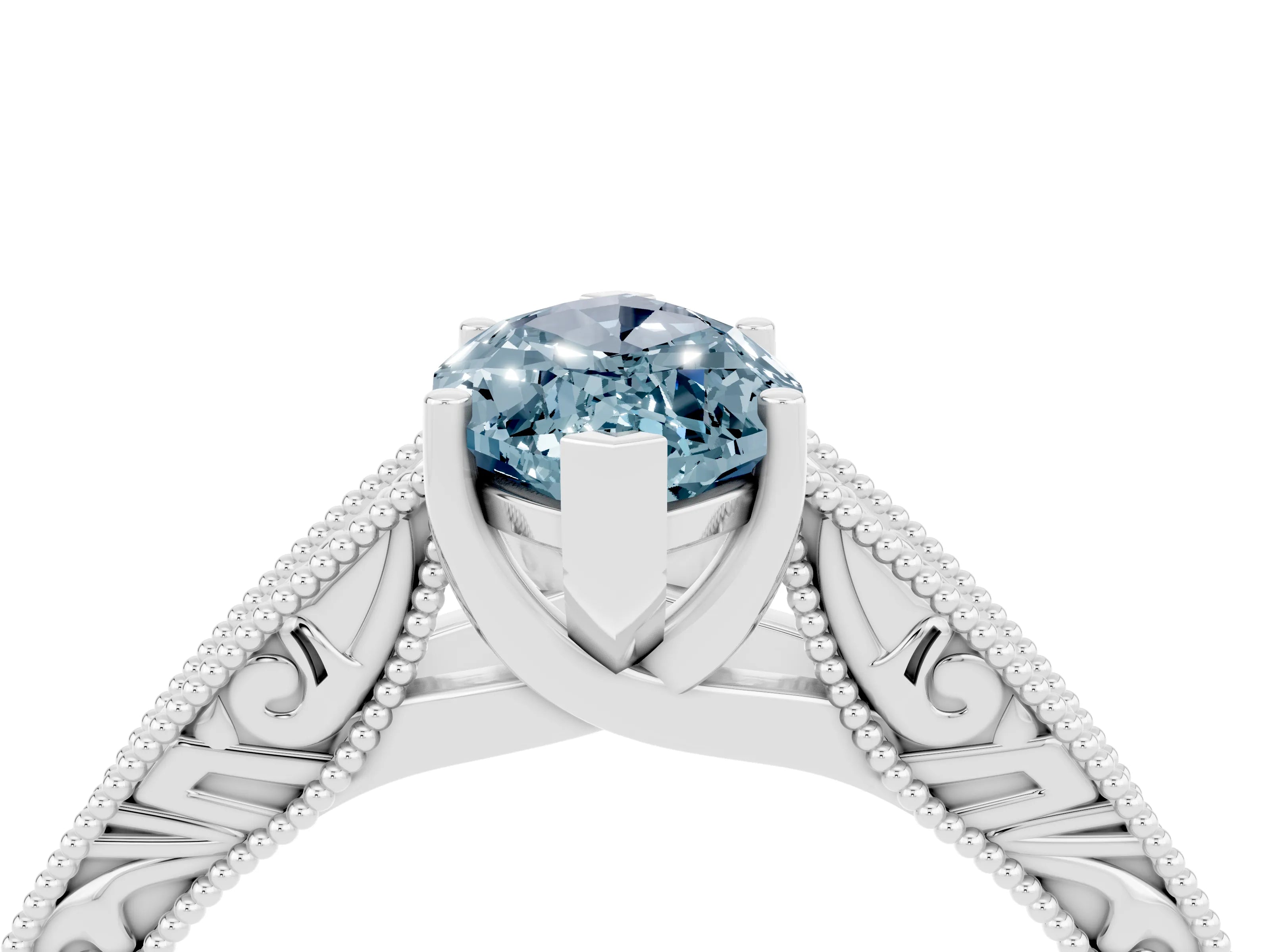 White gold Marquise Cut Aquamarine Solitaire Ring with Engraved Band and Four-Prong Setting_4