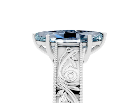 White gold Marquise Cut Aquamarine Solitaire Ring with Engraved Band and Four-Prong Setting_5