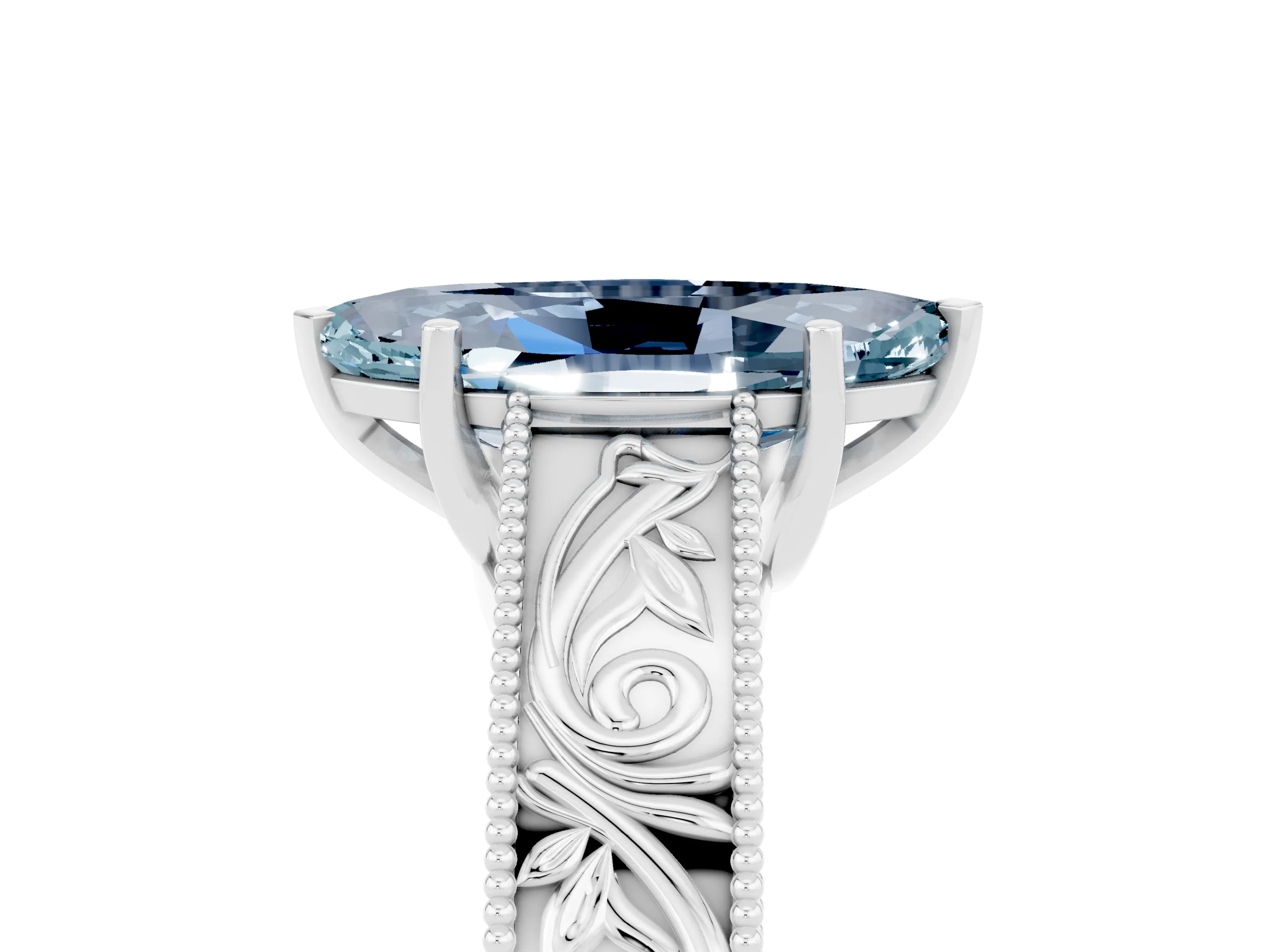 White gold Marquise Cut Aquamarine Solitaire Ring with Engraved Band and Four-Prong Setting_5
