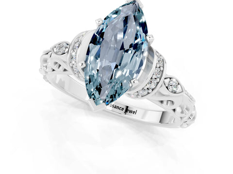 White gold Marquise Cut Aquamarine Solitaire Ring with Filigree Band and Four-Prong Setting_25