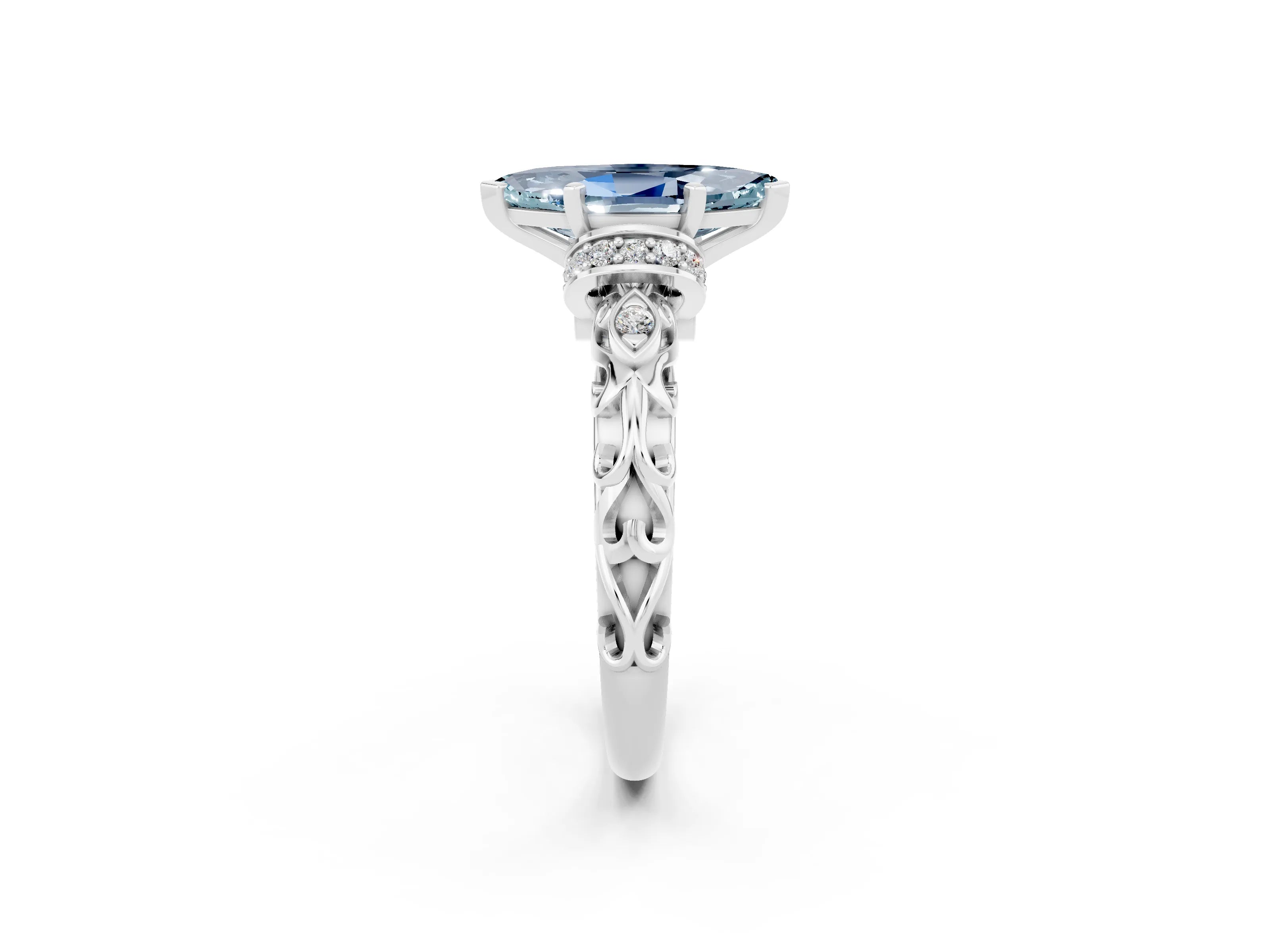 White gold Marquise Cut Aquamarine Solitaire Ring with Filigree Band and Four-Prong Setting_26