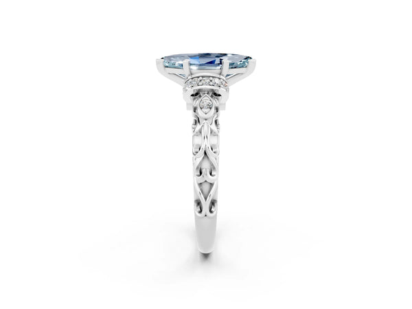 White gold Marquise Cut Aquamarine Solitaire Ring with Filigree Band and Four-Prong Setting