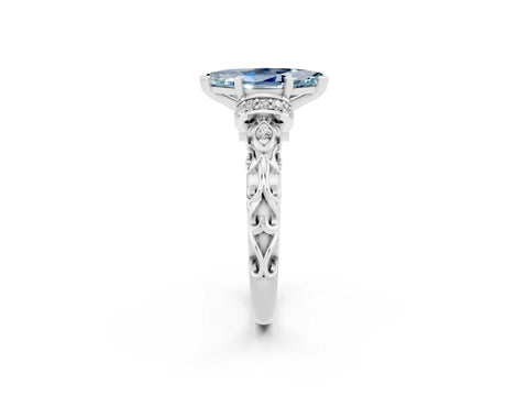 White gold Marquise Cut Aquamarine Solitaire Ring with Filigree Band and Four-Prong Setting_26