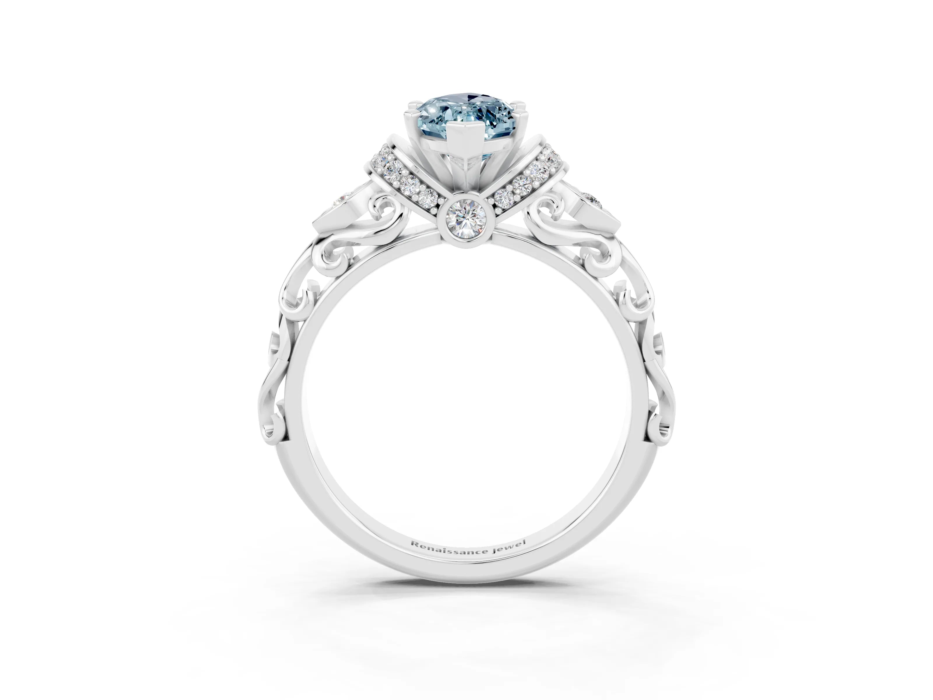 White gold Marquise Cut Aquamarine Solitaire Ring with Filigree Band and Four-Prong Setting_27