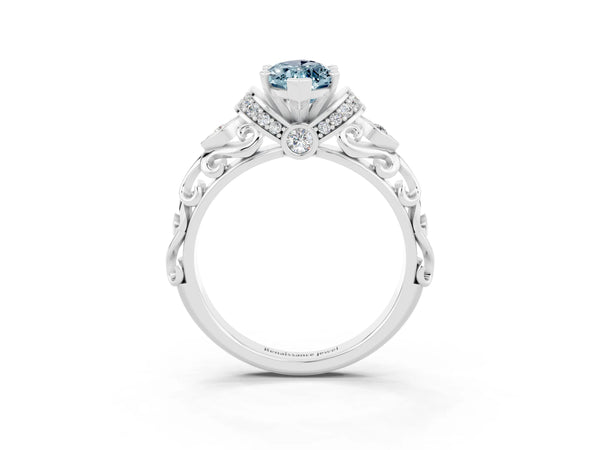 White gold Marquise Cut Aquamarine Solitaire Ring with Filigree Band and Four-Prong Setting