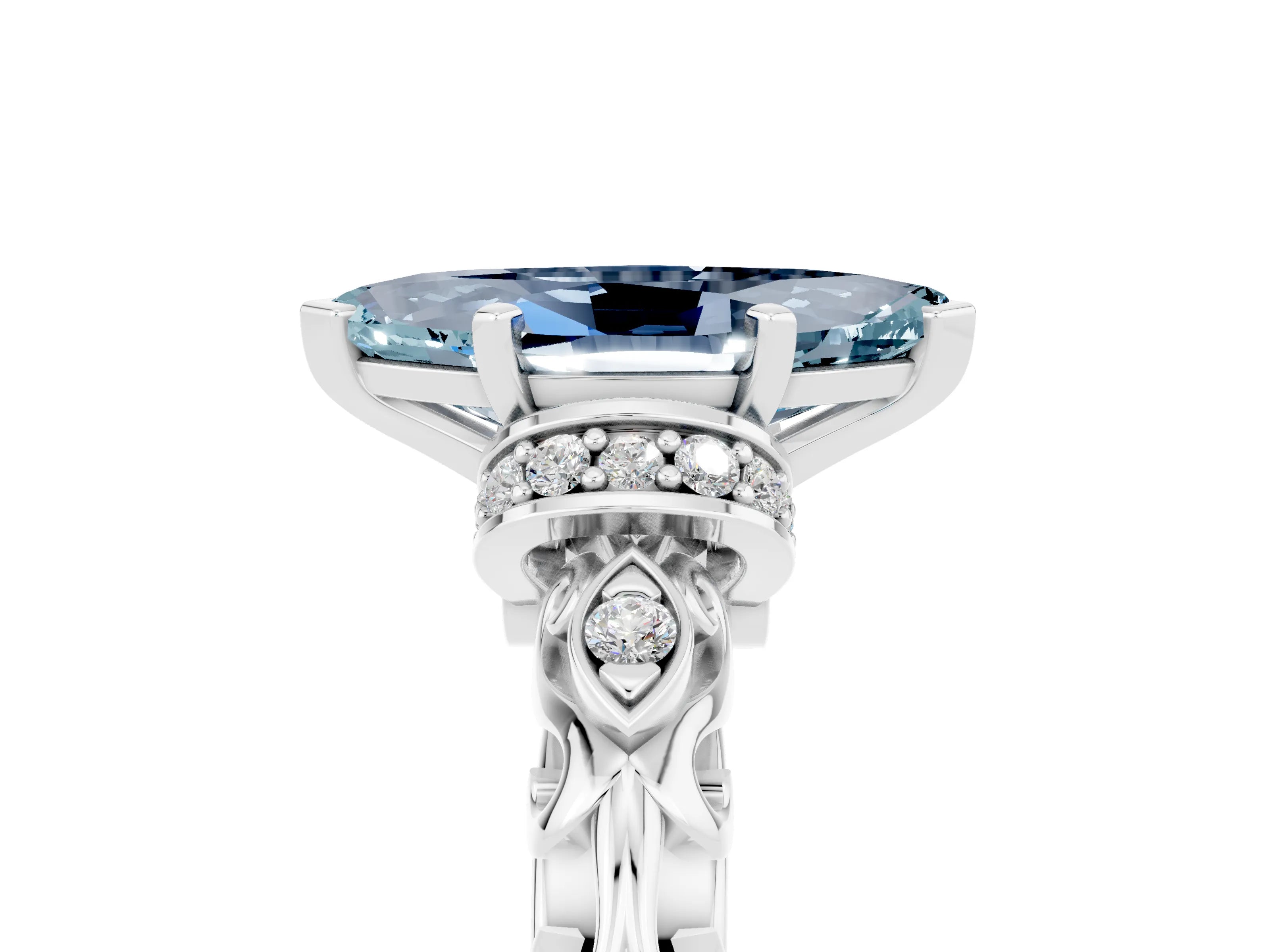 White gold Marquise Cut Aquamarine Solitaire Ring with Filigree Band and Four-Prong Setting_29