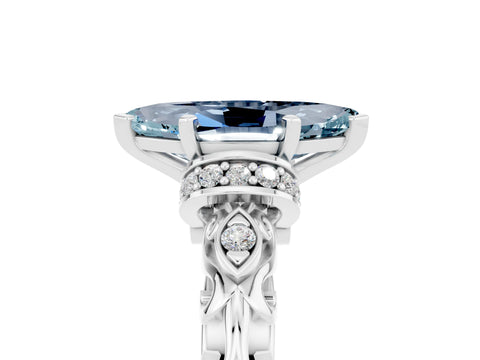 White gold Marquise Cut Aquamarine Solitaire Ring with Filigree Band and Four-Prong Setting_29