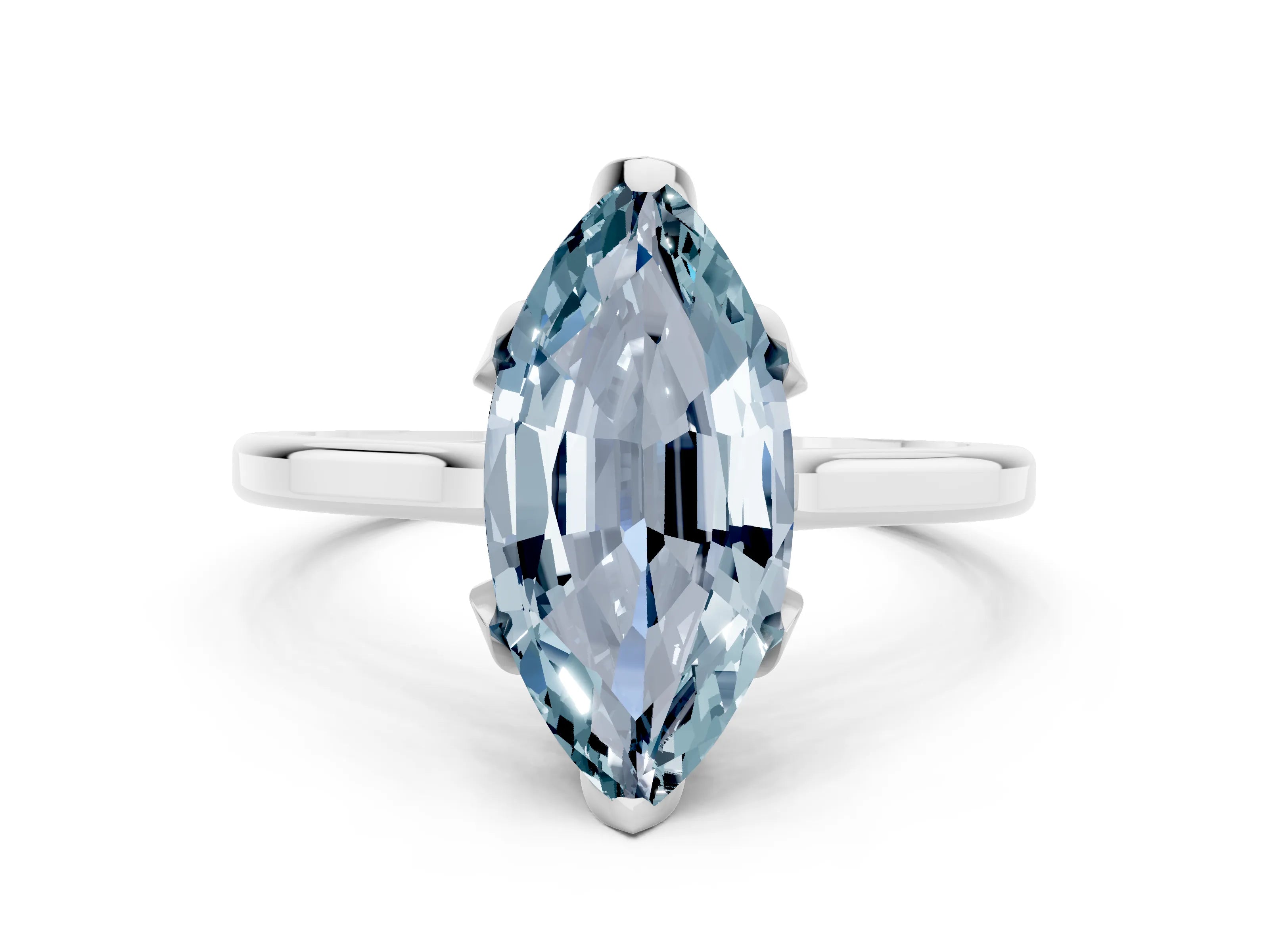 White gold Marquise Cut Aquamarine Solitaire Ring with Flower Prong Setting and Classic Band_12
