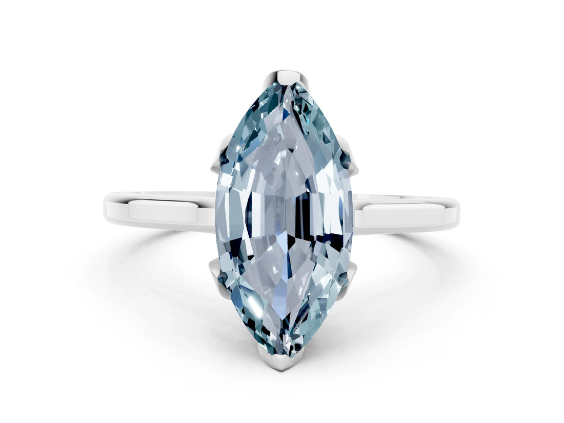 White gold Marquise Cut Aquamarine Solitaire Ring with Flower Prong Setting and Classic Band_49
